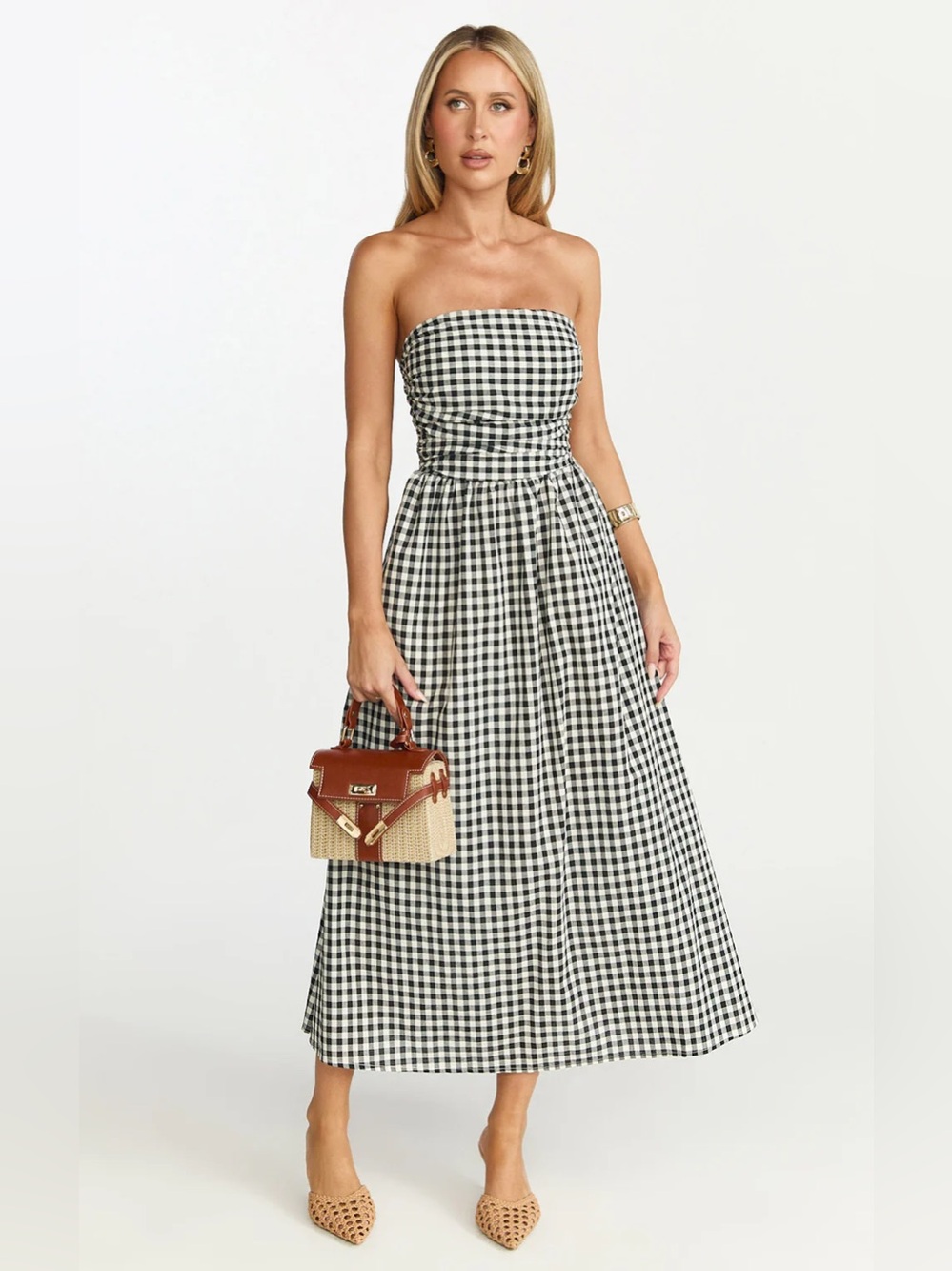 NWT Showpo Strapless Black & White Gingham Midi Dress